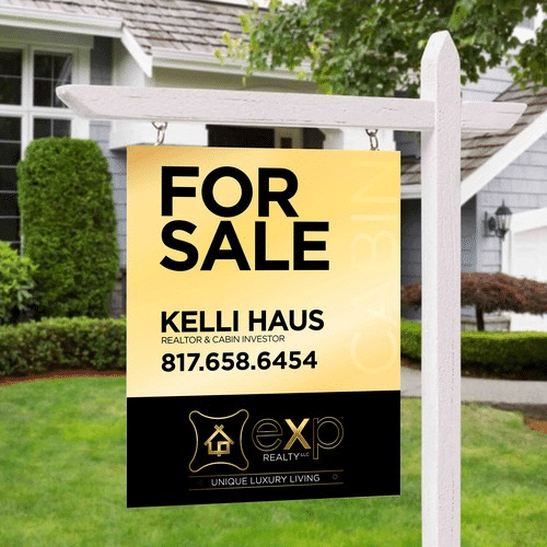 A gold and black-colored luxury for sale sign with only the agent's name and contact information
