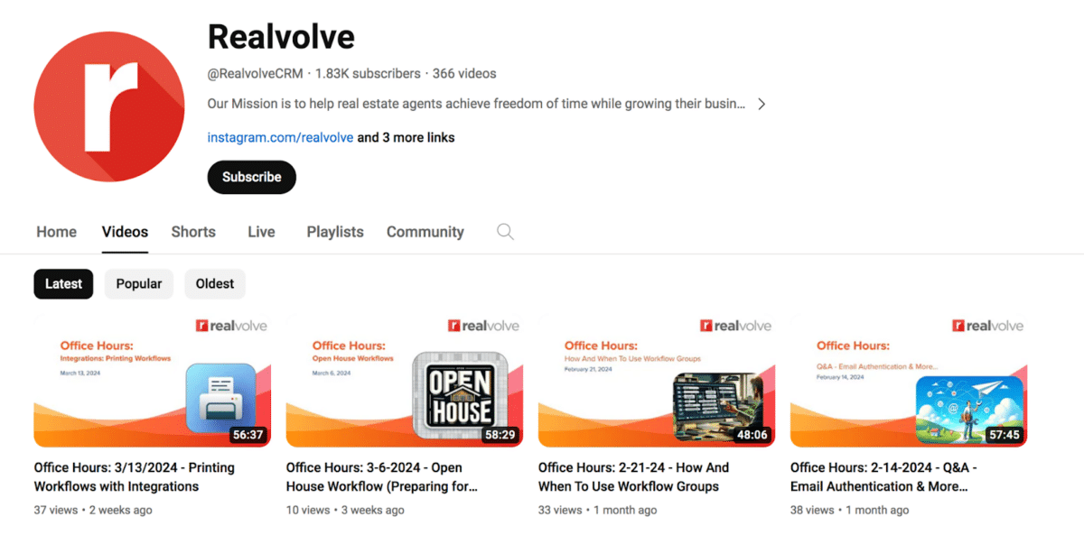 Screenshot of Realvolve's YouTube page