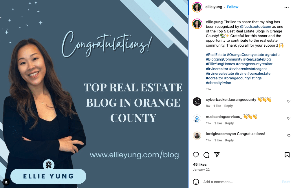Real estate agent Instagram post with blog recognition