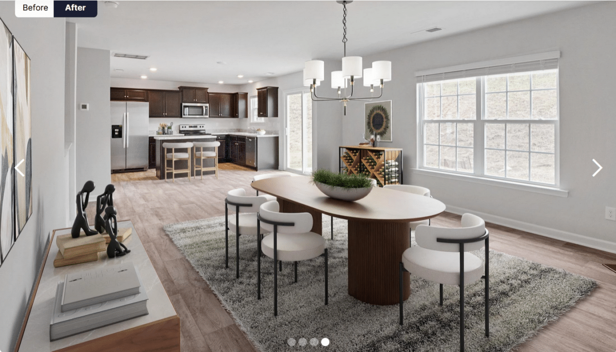 An open-concept kitchen and dining room with virtual staging by Apply Design.