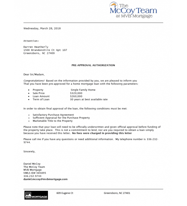 Sample pre-approval letter from the McCoy Team at MVB Mortgage.