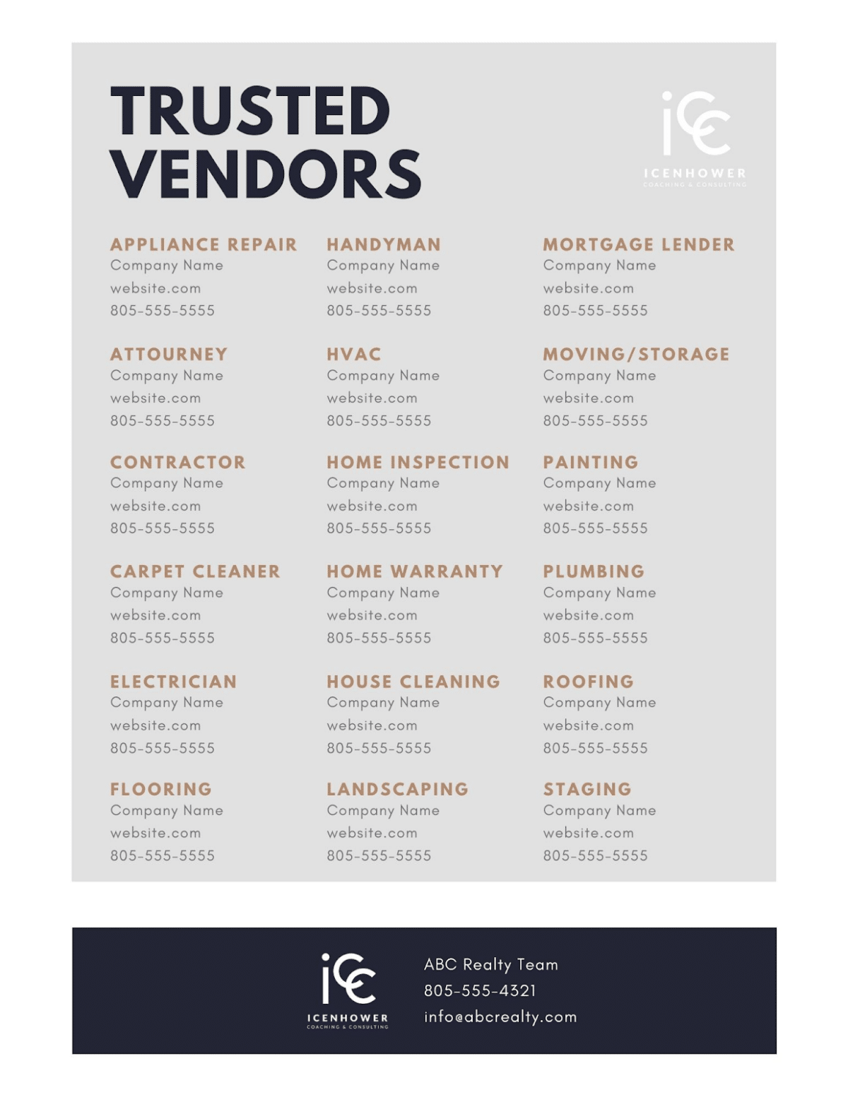 Organized list of vendor contacts for clients.