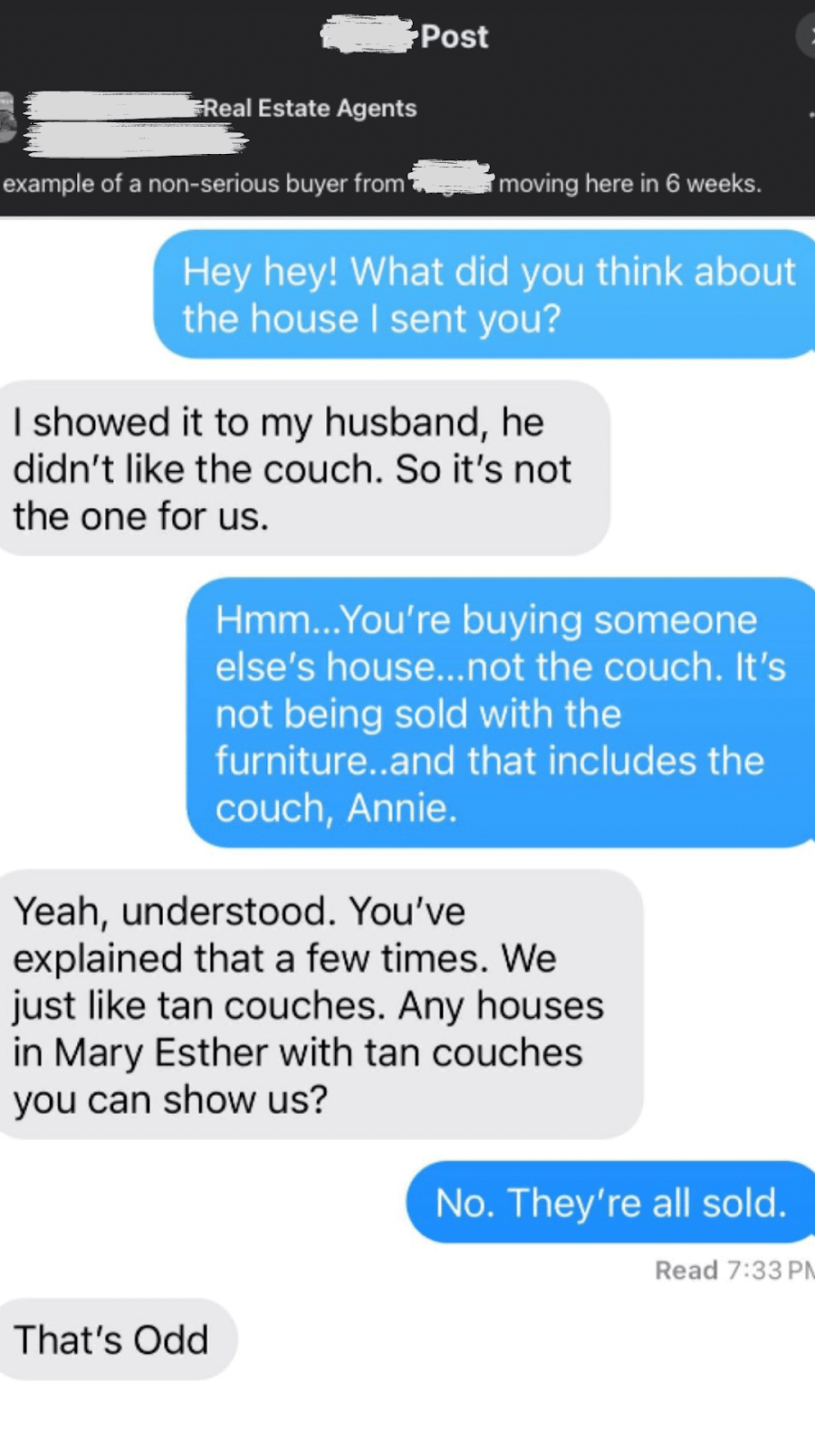  Screenshot of a text conversation between a real estate agent and a buyer client that discusses why the buyers aren't interested in a house without a tan couch in it.