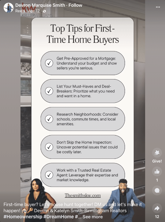 Graphic with five tips for first-time home buyers from Devron and Katelyn Smith – Birmingham Realtors with Keller Williams.
