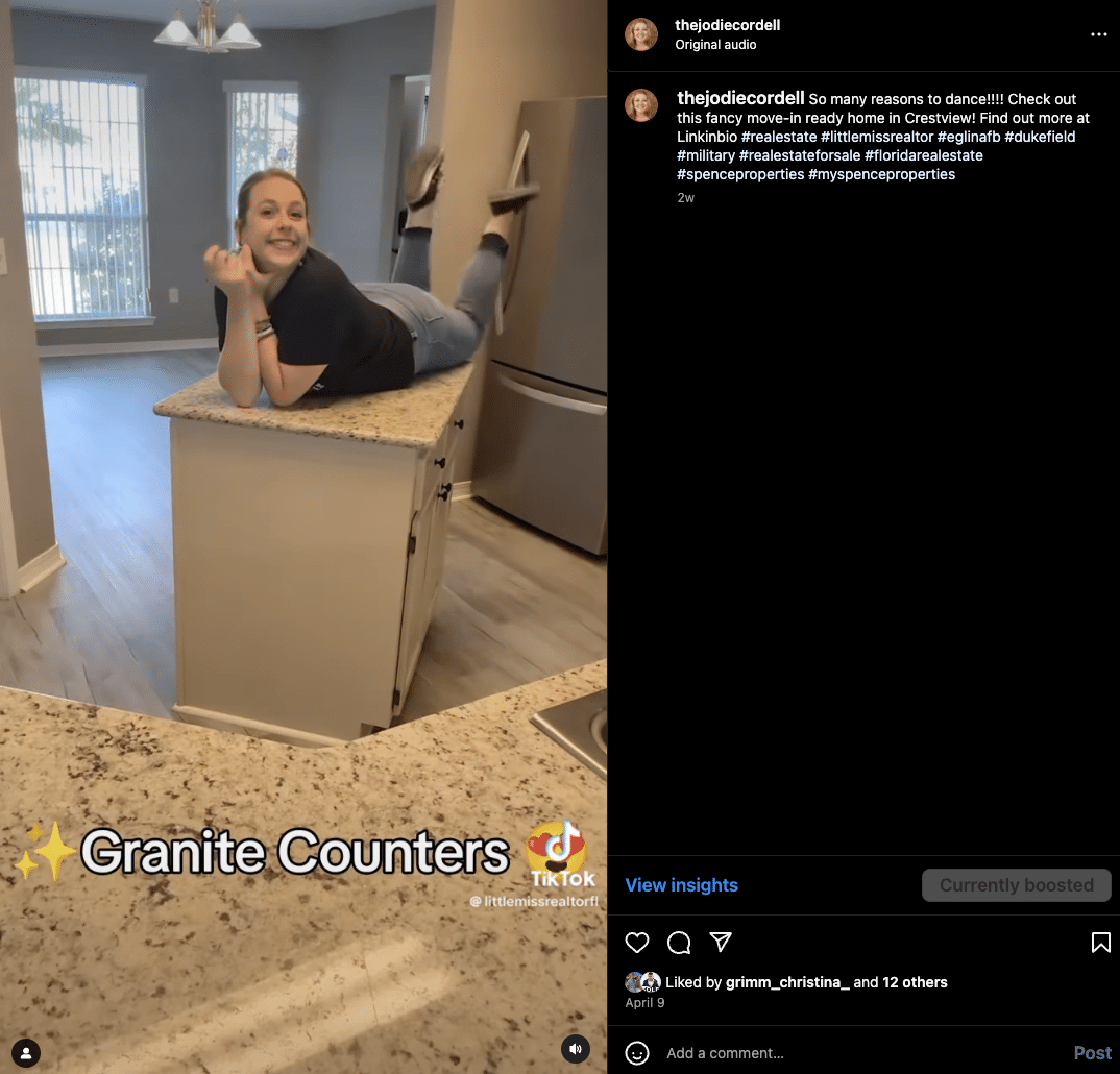 Screenshot of an Instagram Reel featuring Florida Realtor Caitlin Hare showing off features of a listing, including granite countertops.