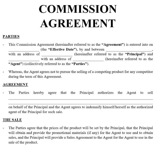 Screenshot of a commission agreement document