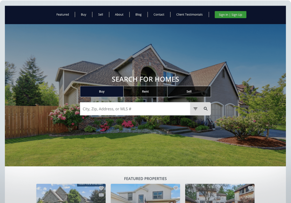 Screenshot of a IDX website with search bar over a photo of a home