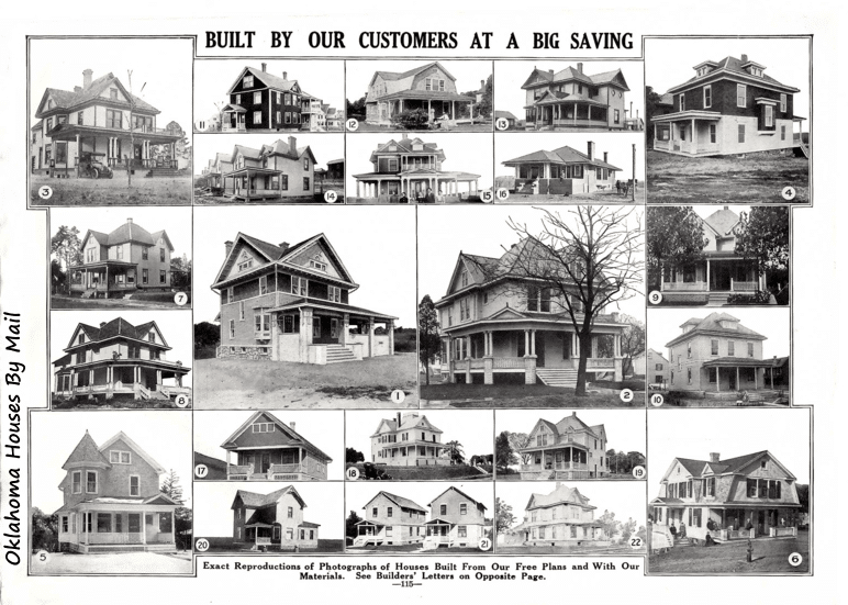 A page of an old 1912 Sears catalog with actual photos of Sears houses built by customers