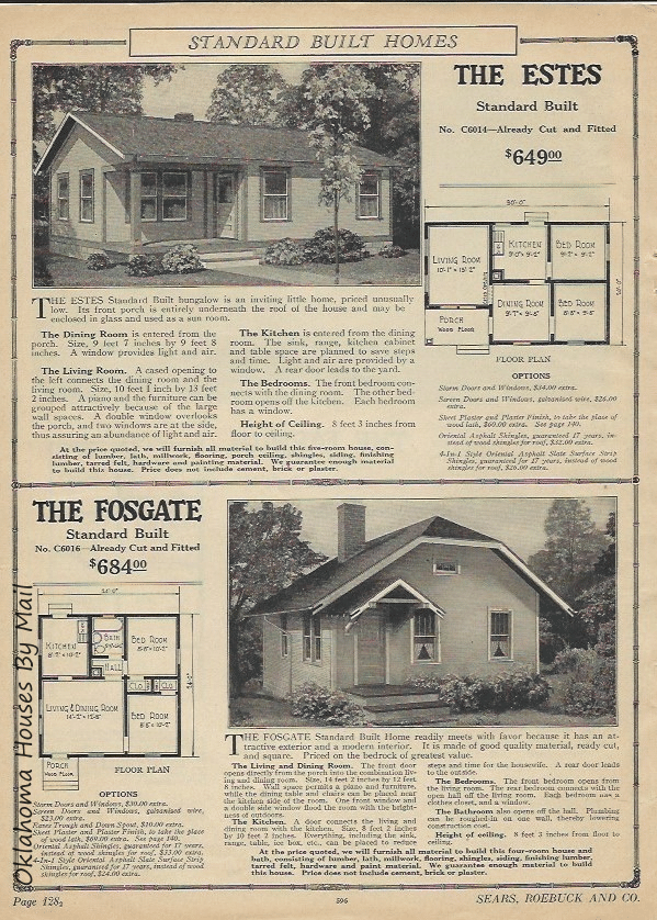 A page of Sears 1927 catalog with The Estes and The Fosgate houses and their floor plans