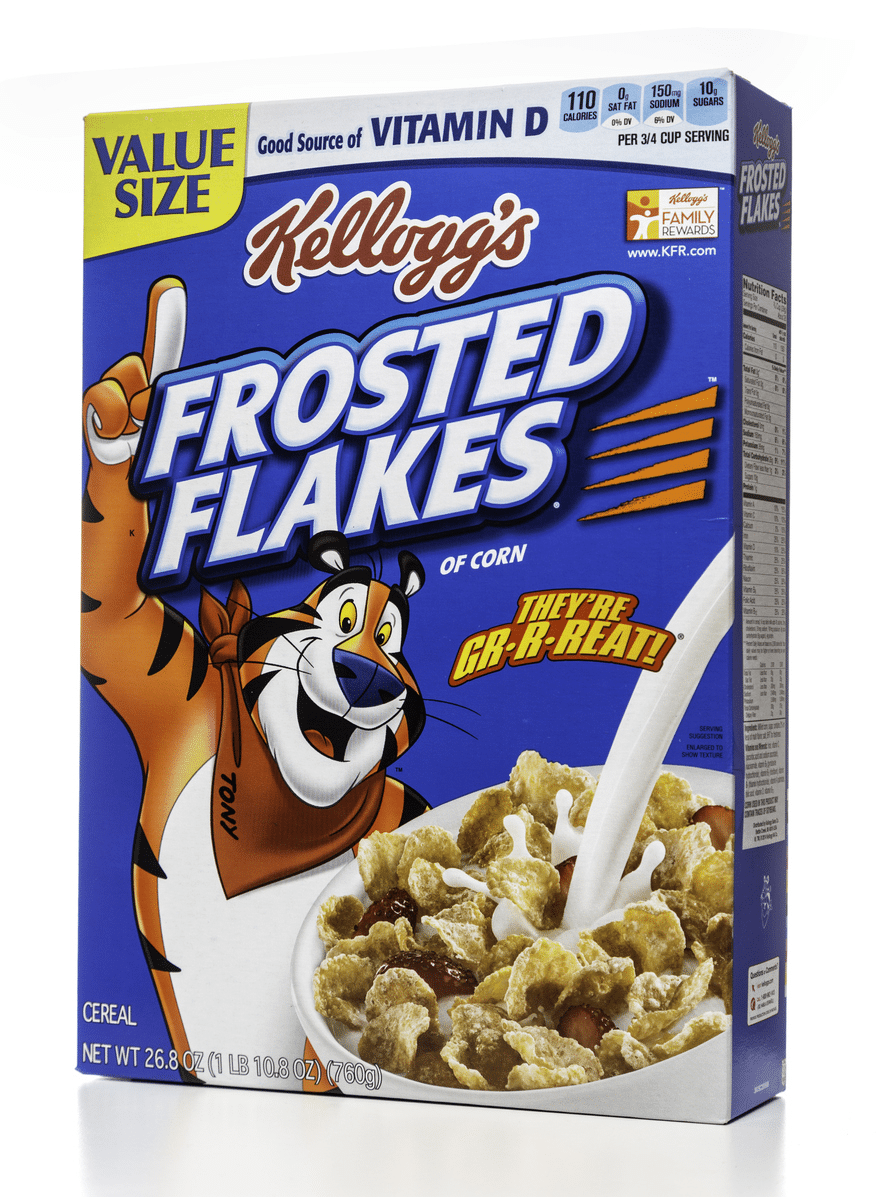 Frosted flakes box with Tony the Tiger on it.