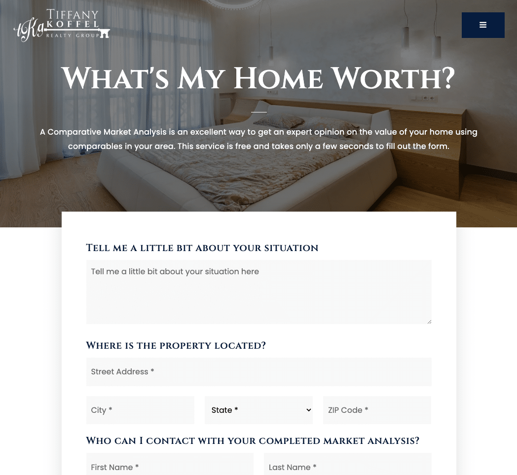 Example real estate landing page home valuation