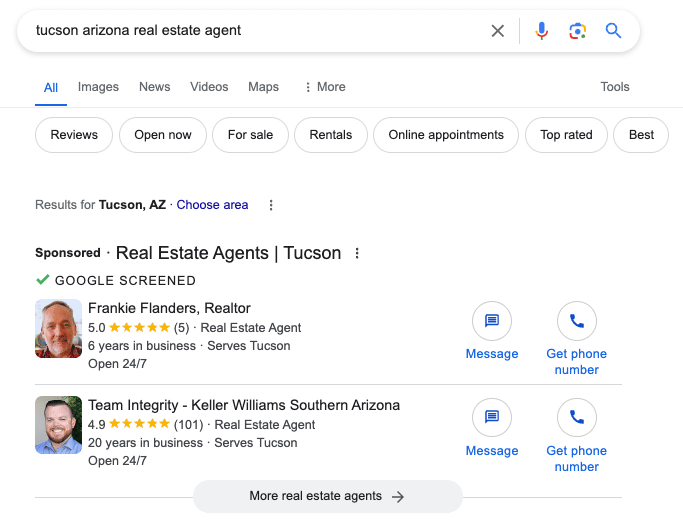 Real estate agents using local services Google ad