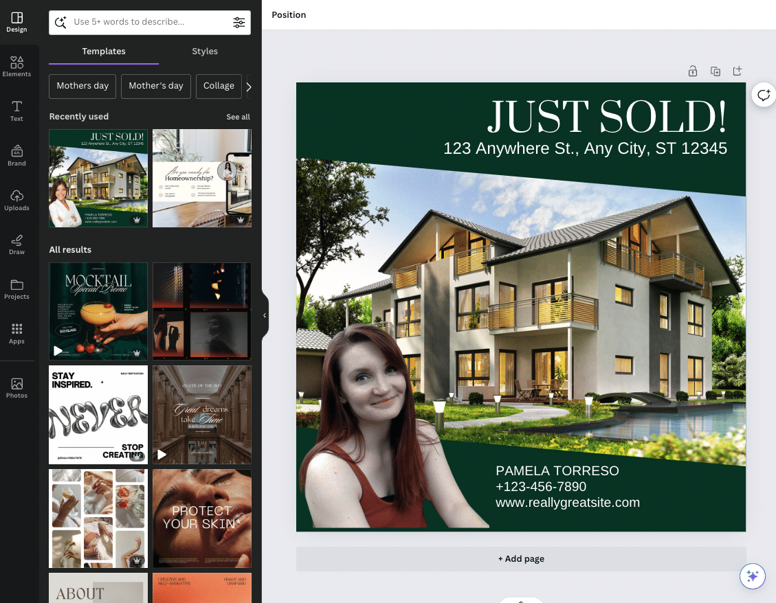 Adding a headshot to a real estate flyer template in Canva
